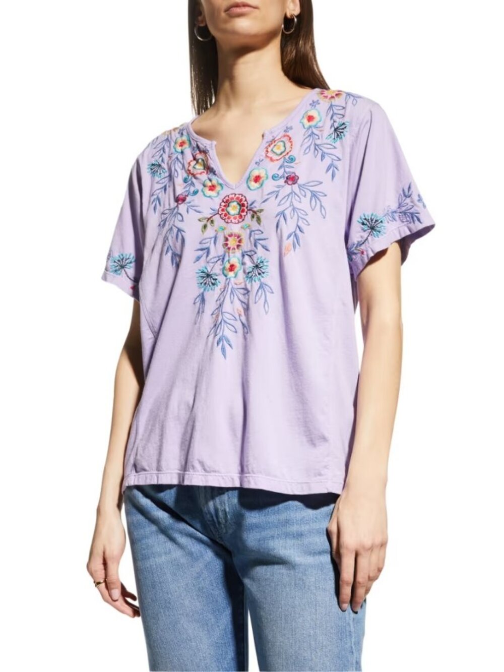 Johnny Was Sicilia Floral-Embroidered Tee in Viola size 2X